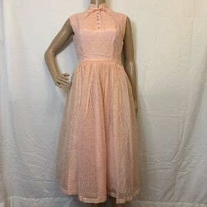 Vintage Salmon Pink Polka Dot Sleeveless Midi Dress, Size S